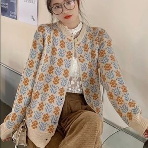 Sweater cardigan flower knit button blue cream gray khaki long sleeve floral